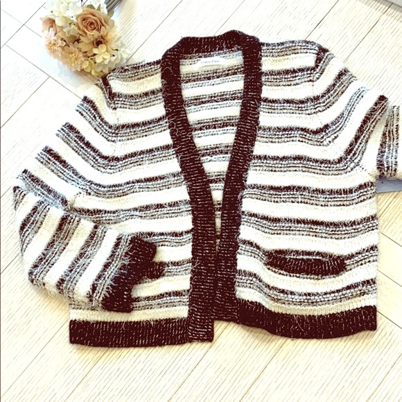 Calvin Klein eyelash knit open front cardigan, black and white, size Large - Picture 2 of 7